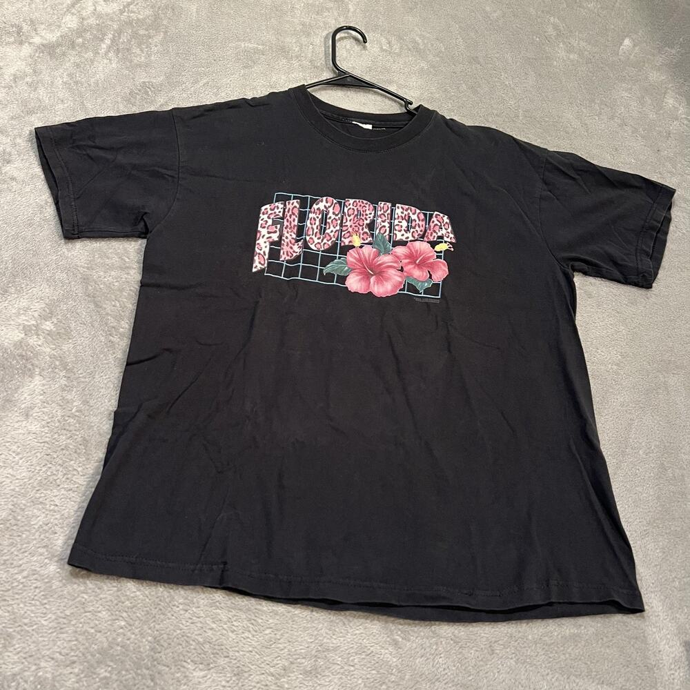Florida Shirt Mens Large Black Hibiscus Graphic T-Shirt Tee Tourist Souvenir